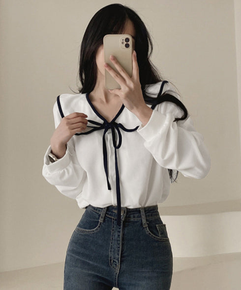 ビッグ襟ブラウス リボンタイブラウス長袖 レディース バイカラーシャツブラウス フレンチガーリー 大きめ襟トップス ゆったり韓国ファッション  着やせ 体型カバー 84WANJIA-022